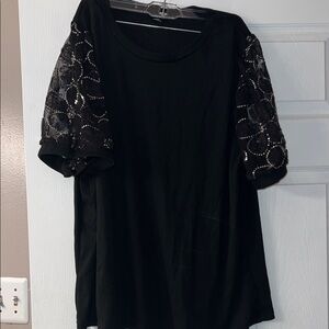 Black Women's Short Sleeve Top with Embellished Lace Puff Sleeves
